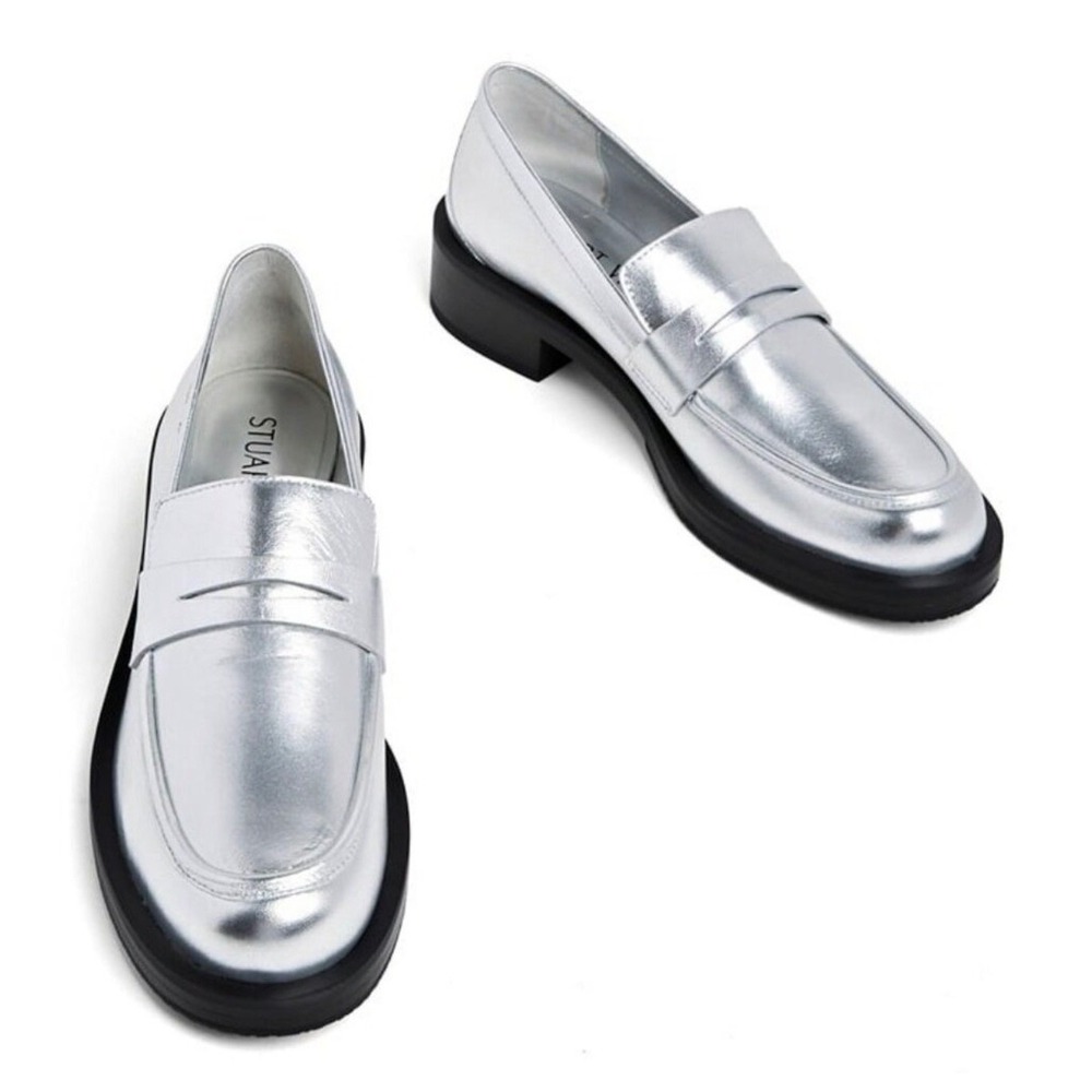 New! Stuart Weitzman Palmer Bold Metallic Silver Leather Loafers Sz 8.5